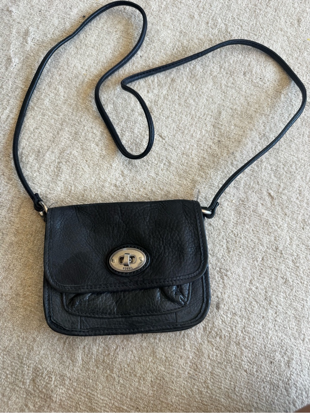 Fossil Black Pebble Leather Crossbody with Turn-Lock